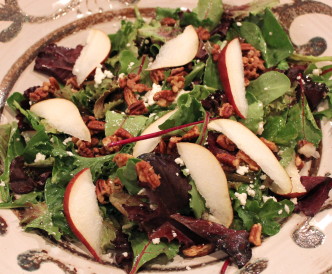 field greens with red pears, feta and glazed pecans