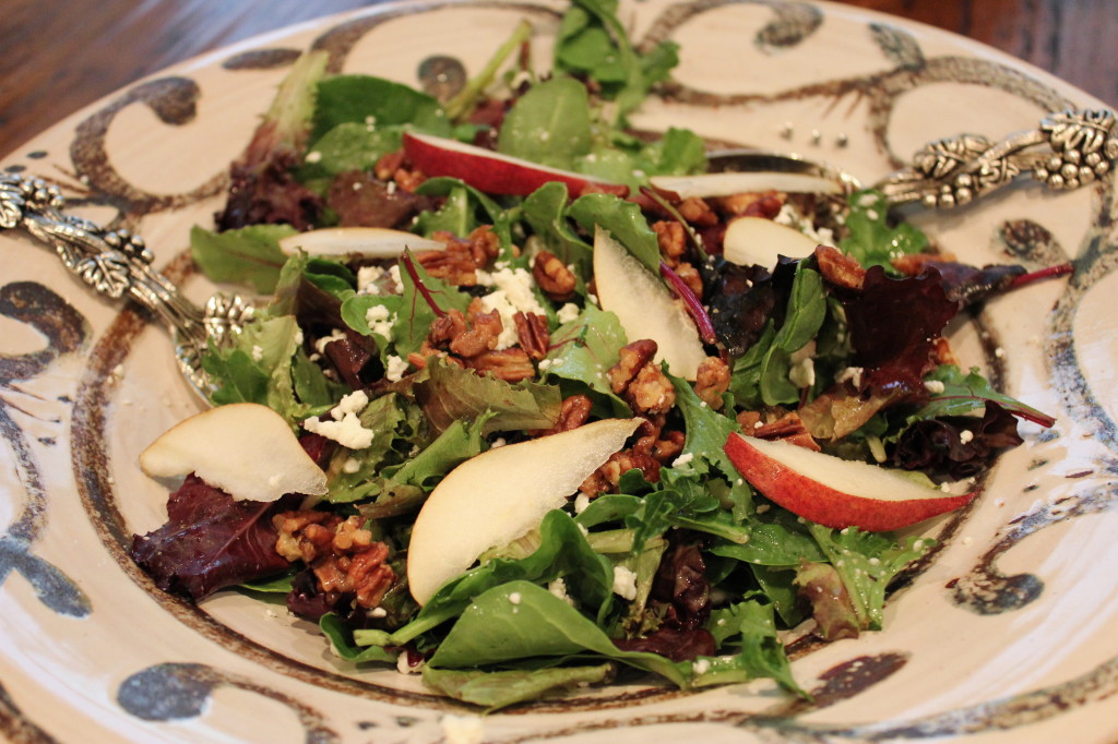 field greens with red pears, feta and glazed pecans